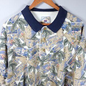 Cutter & Buck Hawaiian Size M Post Card Palm Tree Geometric Cacation Golf Polo